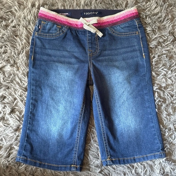 VIGOSS Girls L (12/14) Blue Denim Bermuda Shorts Glitter Stripe Casual - Picture 1 of 3